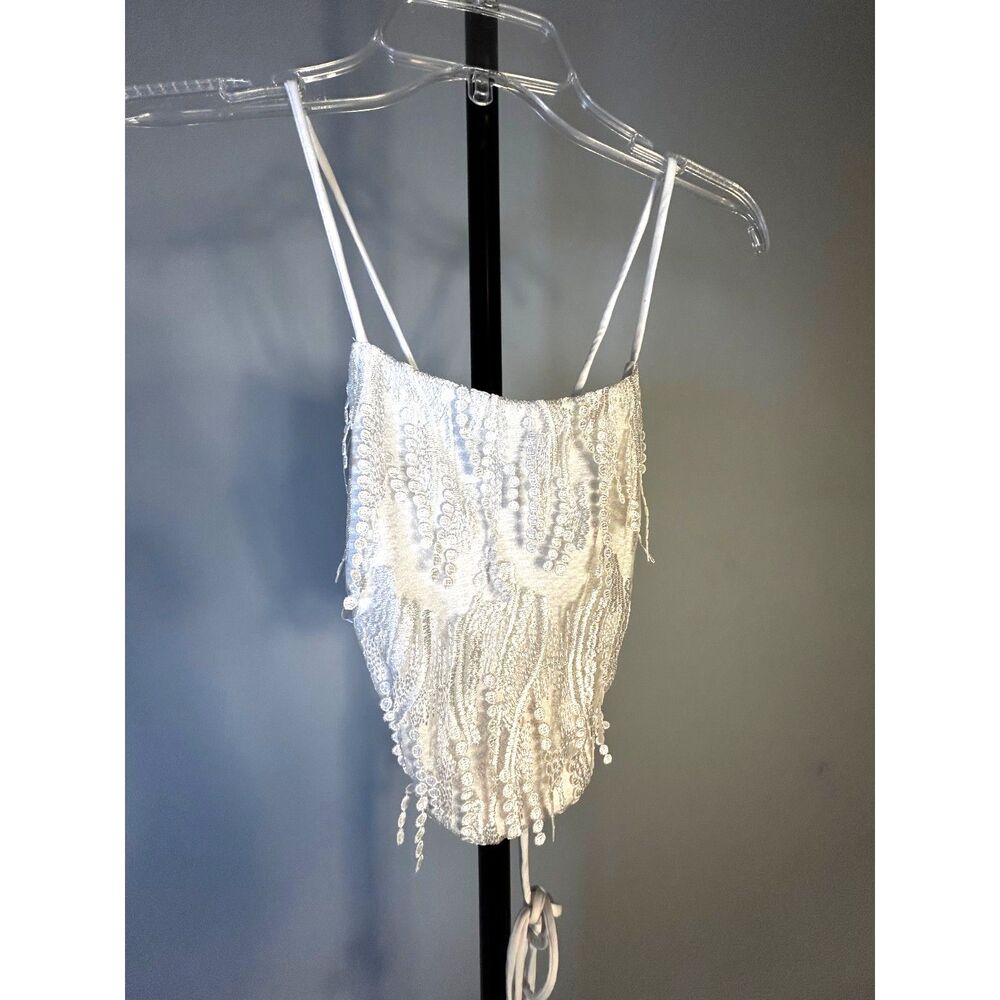 Lulus White Delicate Fringe Halter Top Lace Up Corset Back